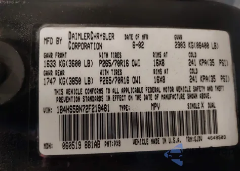 2002 Dodge Durango Slt Plus z USA, uszkodzony, nr VIN 1B4HS58N72F219481